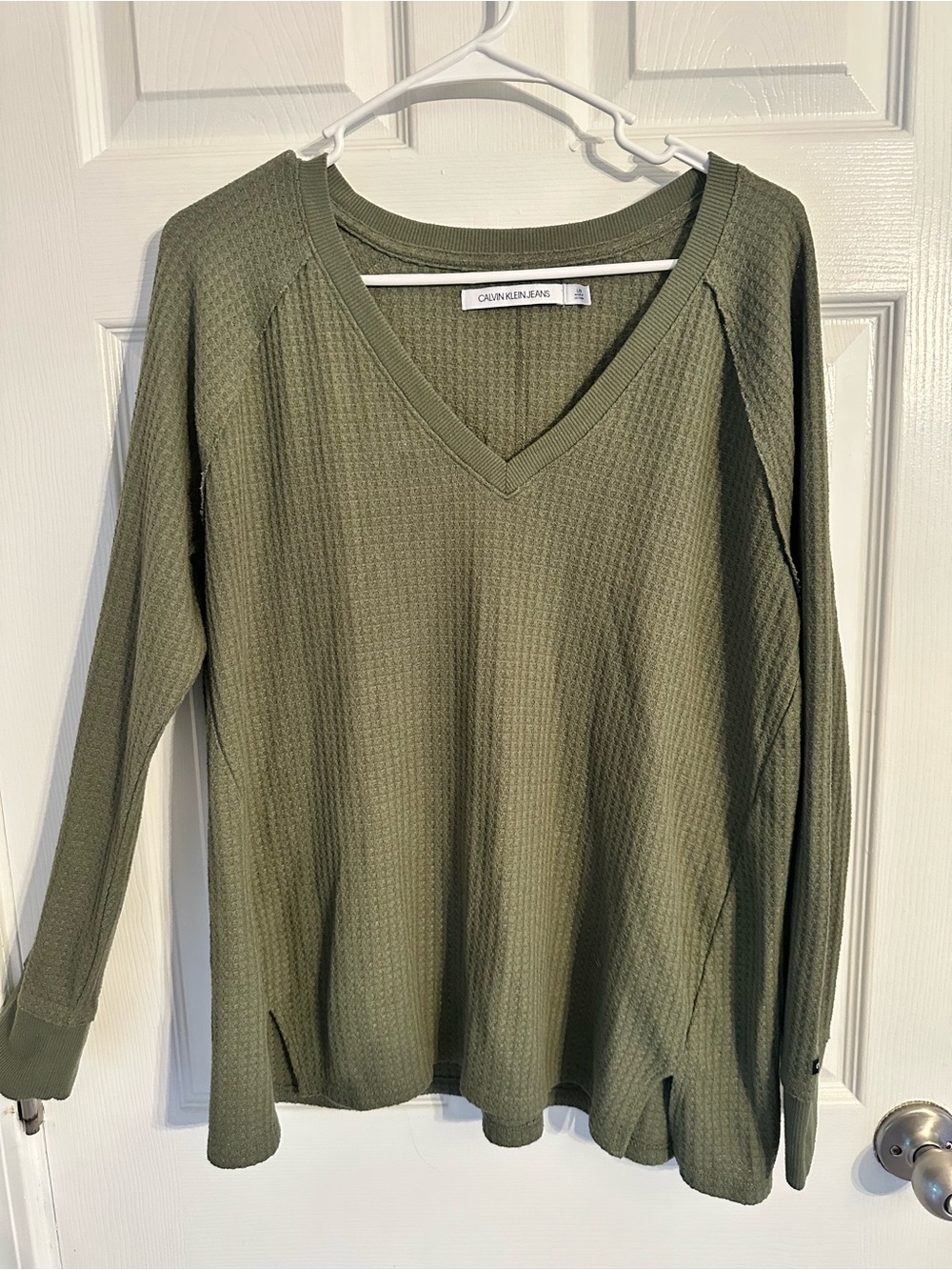 Calvin Klein Jeans Olive Waffle-Knit V-Neck Long Sleeve Top